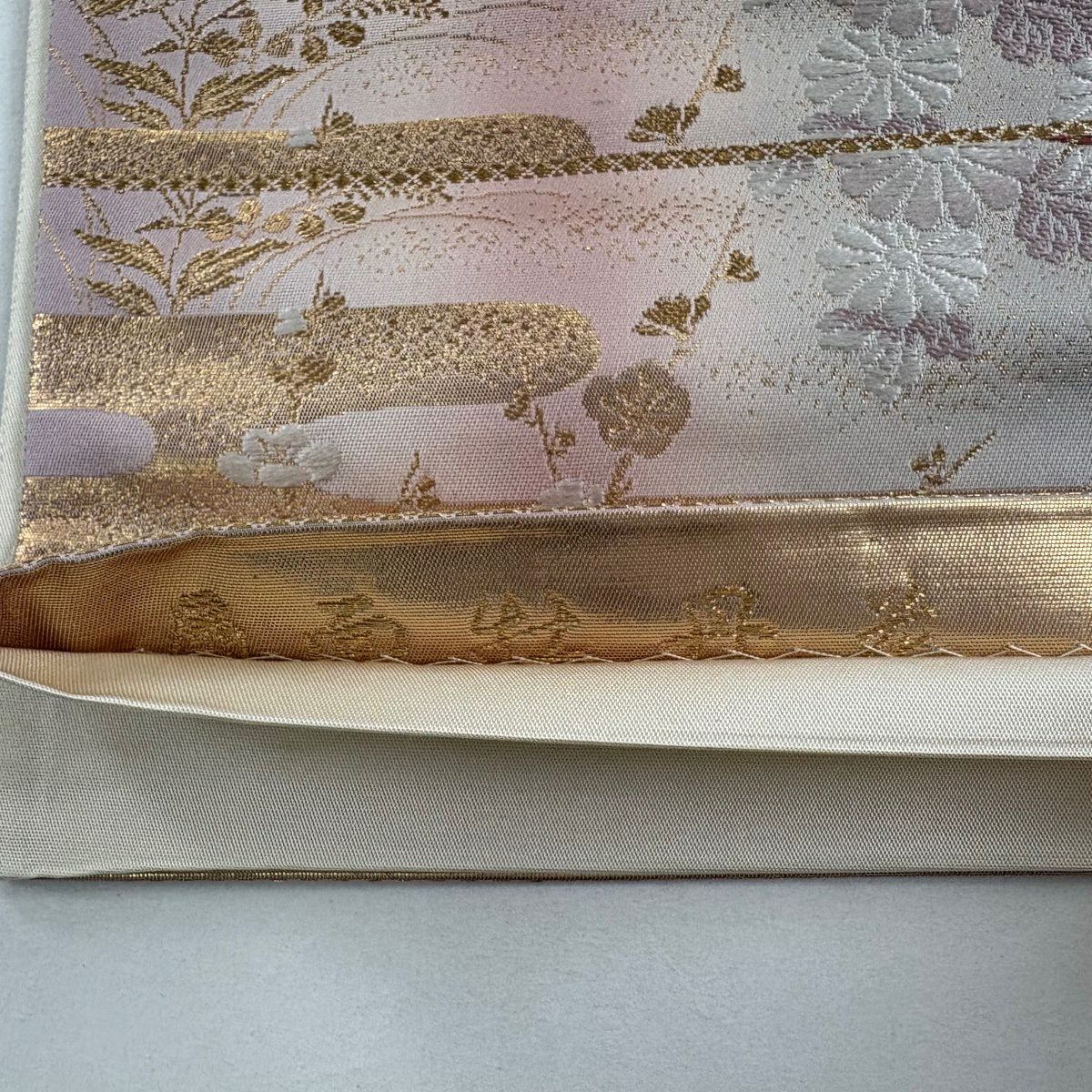 【美品】 袋帶 秀品級 草花紋 雪輪 刺繡 金金箔 灰 深藍 六通 純蠶絲