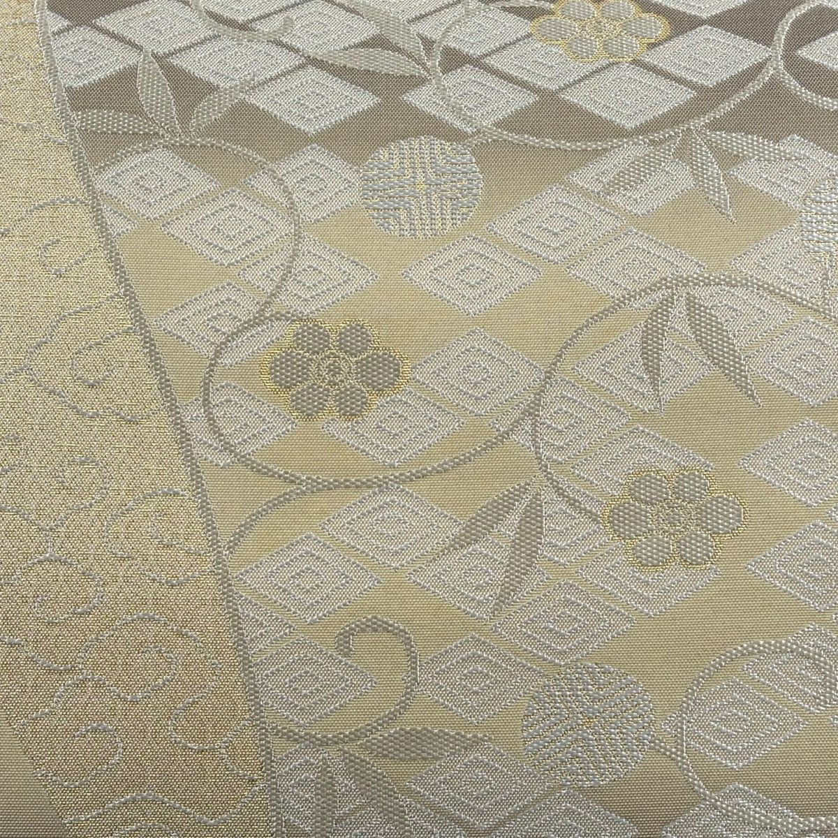 【美品】 袋帶 秀品級 花唐草紋 菱 金金箔 米色 六通 純蠶絲