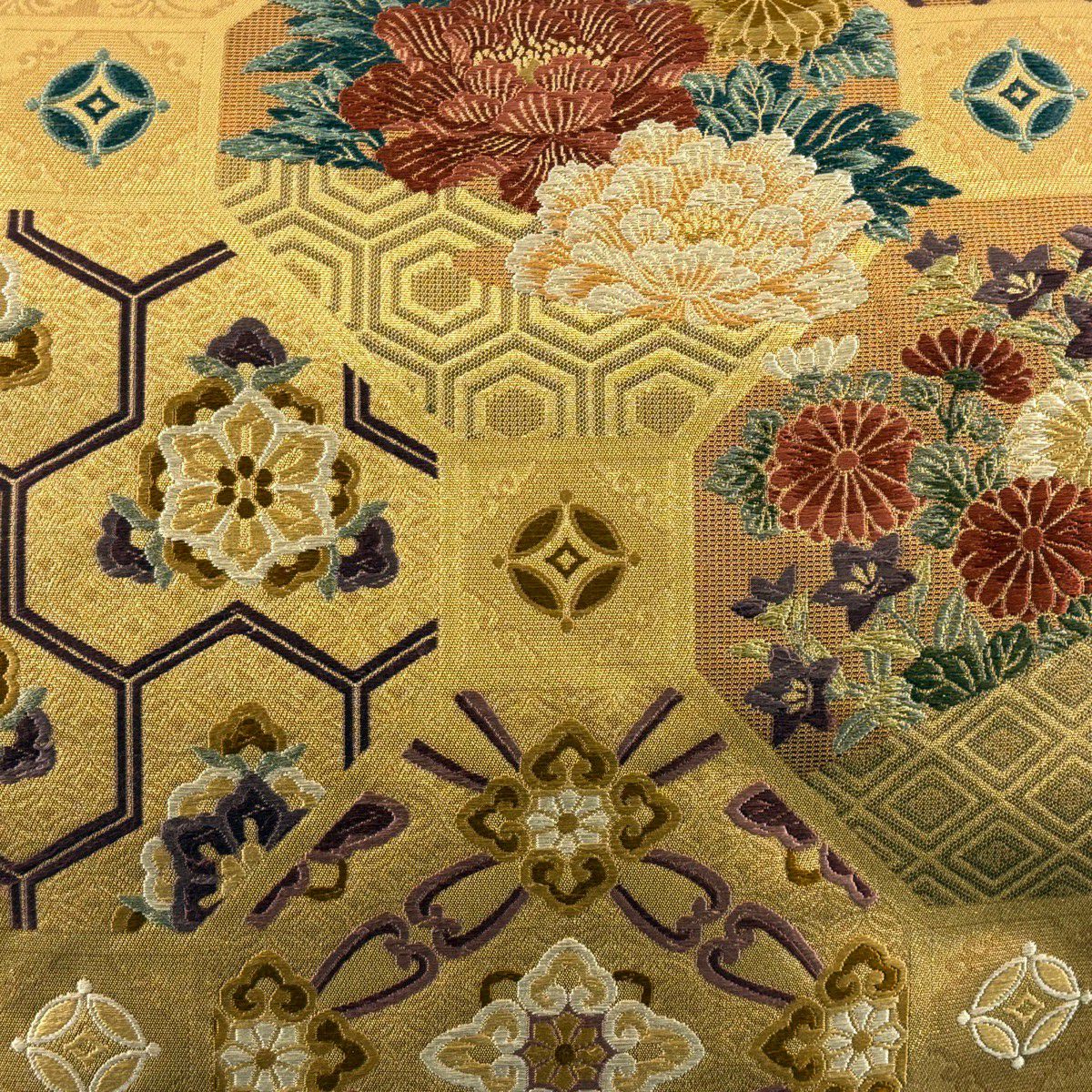 【美品】 袋帶 秀品級 有職圖案 草花紋 金線 金金箔 山吹茶 六通 純蠶絲