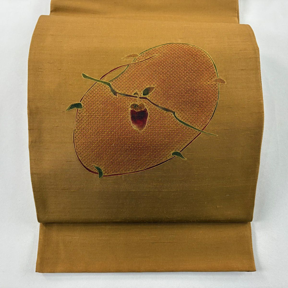 【美品】 袋帶 秀品級 紬織織 生物 刺繡 山吹茶 純蠶絲 お太鼓柄