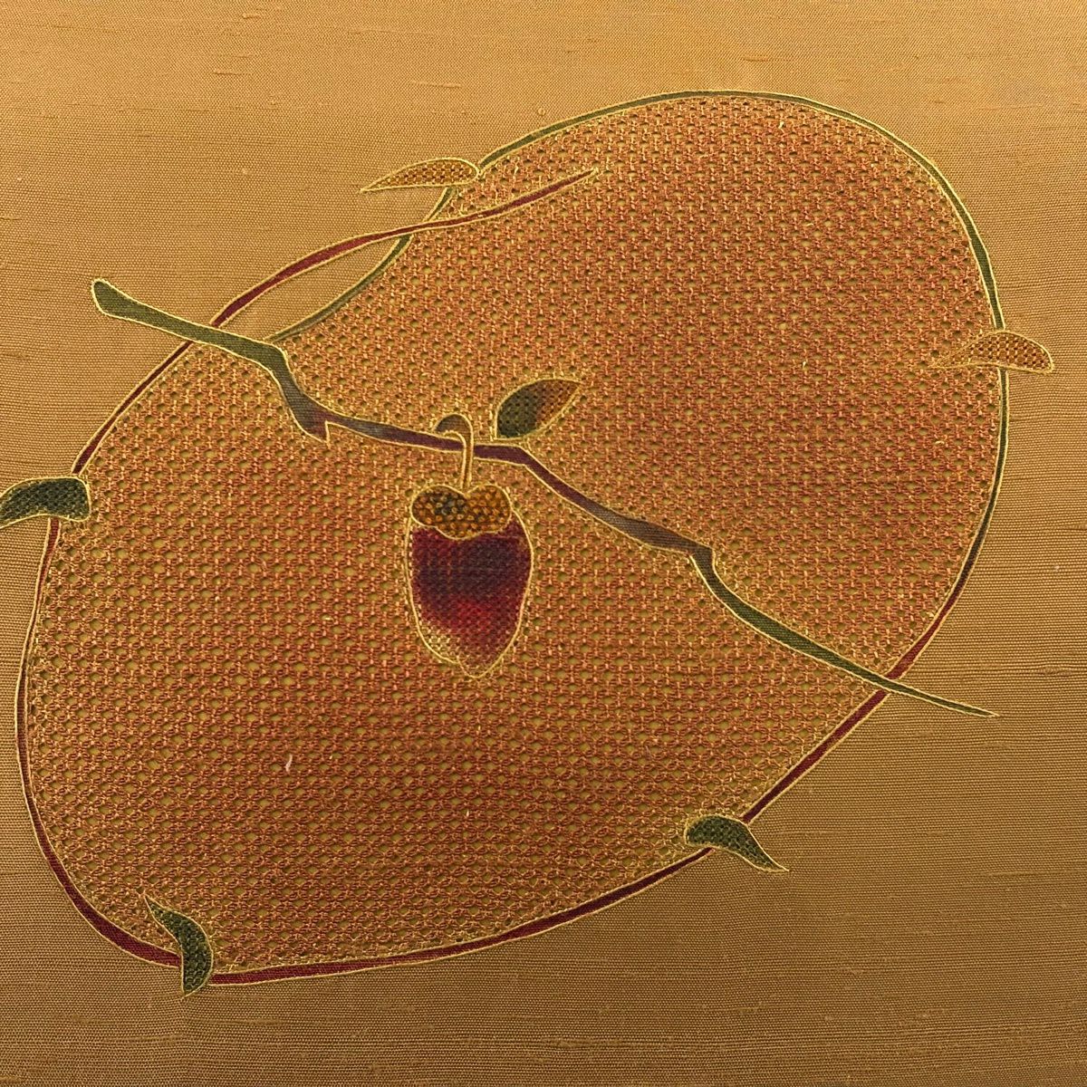 【美品】 袋帶 秀品級 紬織織 生物 刺繡 山吹茶 純蠶絲 お太鼓柄
