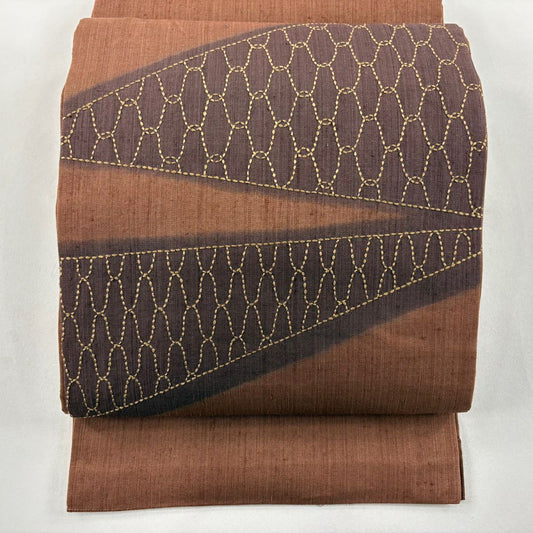 開口名古屋帶 優品級 紬織織 網目紋刺繡 茶 純蠶絲