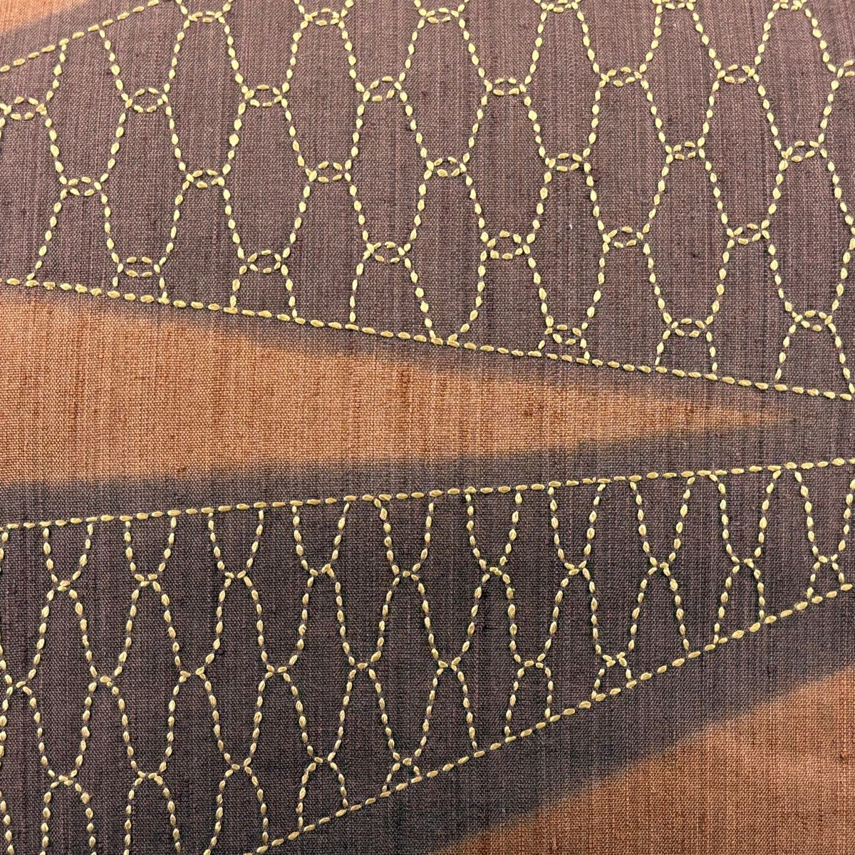 開口名古屋帶 優品級 紬織織 網目紋刺繡 茶 純蠶絲