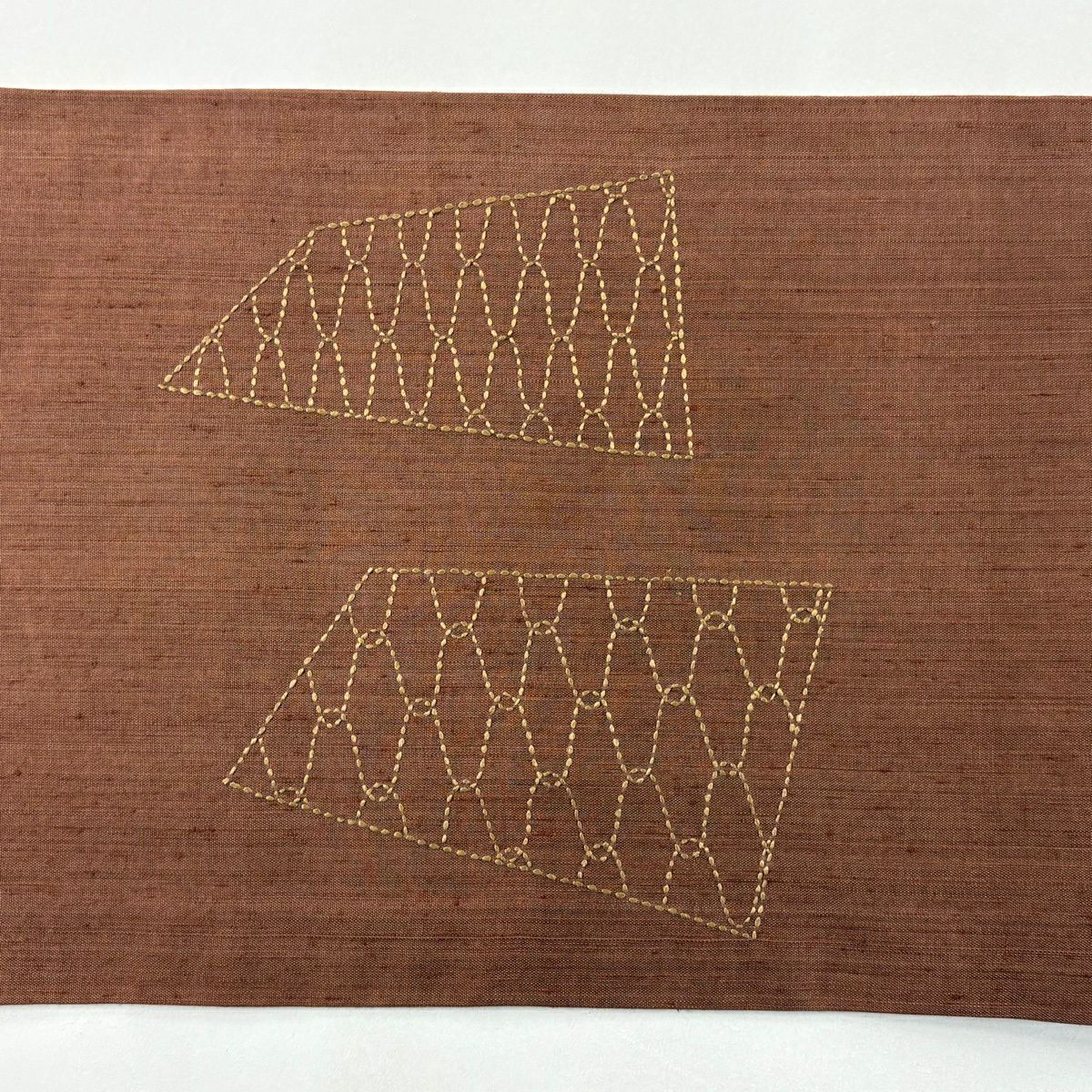 開口名古屋帶 優品級 紬織織 網目紋刺繡 茶 純蠶絲