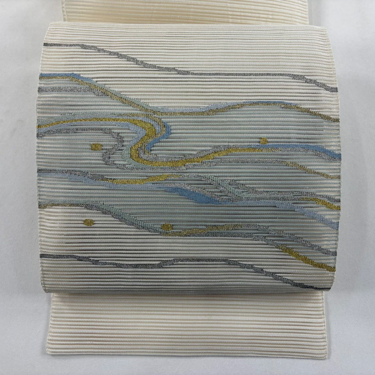 名古屋帶 秀品級 八寸名古屋帶 夏帶 絽 流水 金銀絲 奶油色 純蠶絲