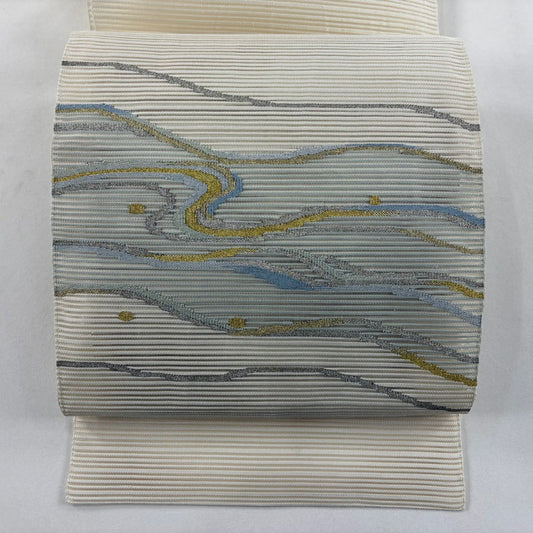 名古屋帶 秀品級 八寸名古屋帶 夏帶 絽 流水 金銀絲 奶油色 純蠶絲