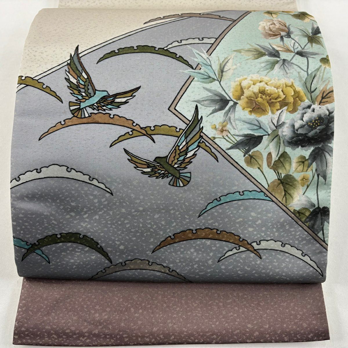 【美品】 袋帶 秀品級 草花紋 鳥 金金箔 灰色 大鼓圖案 純蠶絲