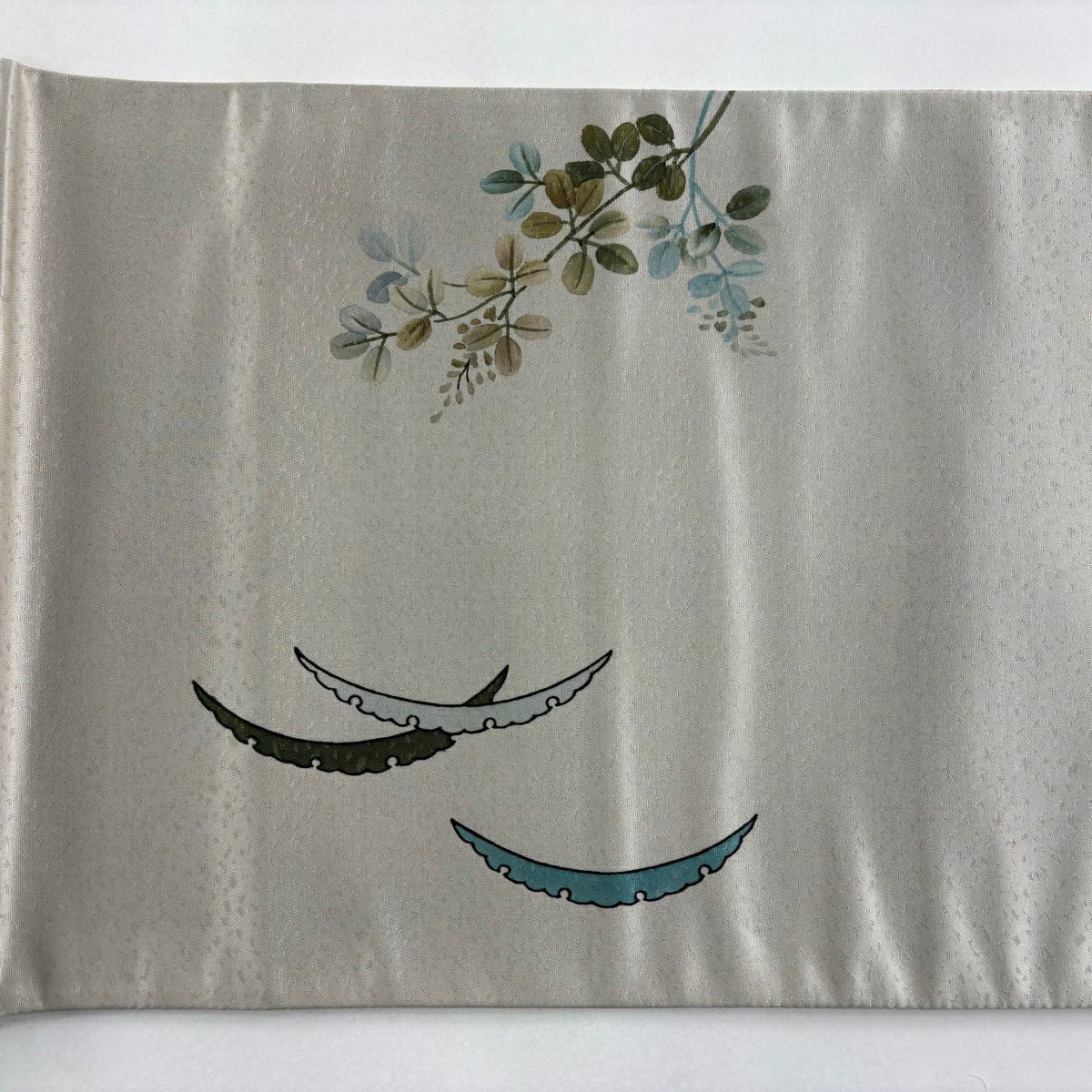 【美品】 袋帶 秀品級 草花紋 鳥 金金箔 灰色 大鼓圖案 純蠶絲