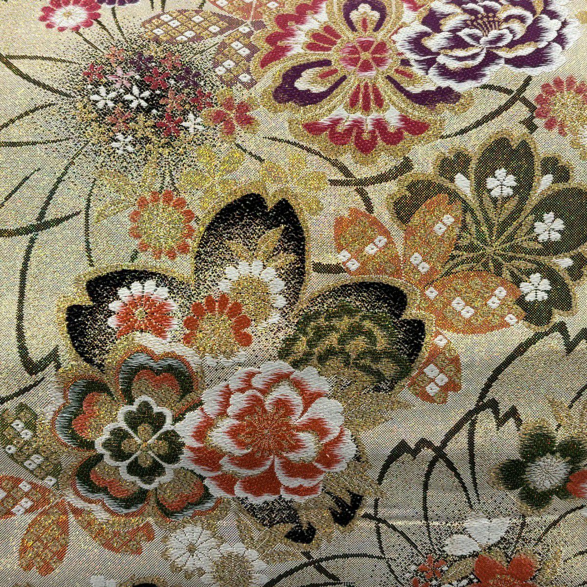 【美品】 袋帶 秀品級 樱花 草花紋紋 金金箔 米色 六通 純蠶絲