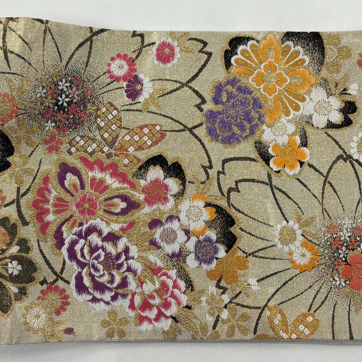【美品】 袋帶 秀品級 樱花 草花紋紋 金金箔 米色 六通 純蠶絲