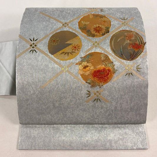 【美品】 名古屋帶 秀品級 格天井 花丸紋 金金箔 金銀彩 純蠶絲