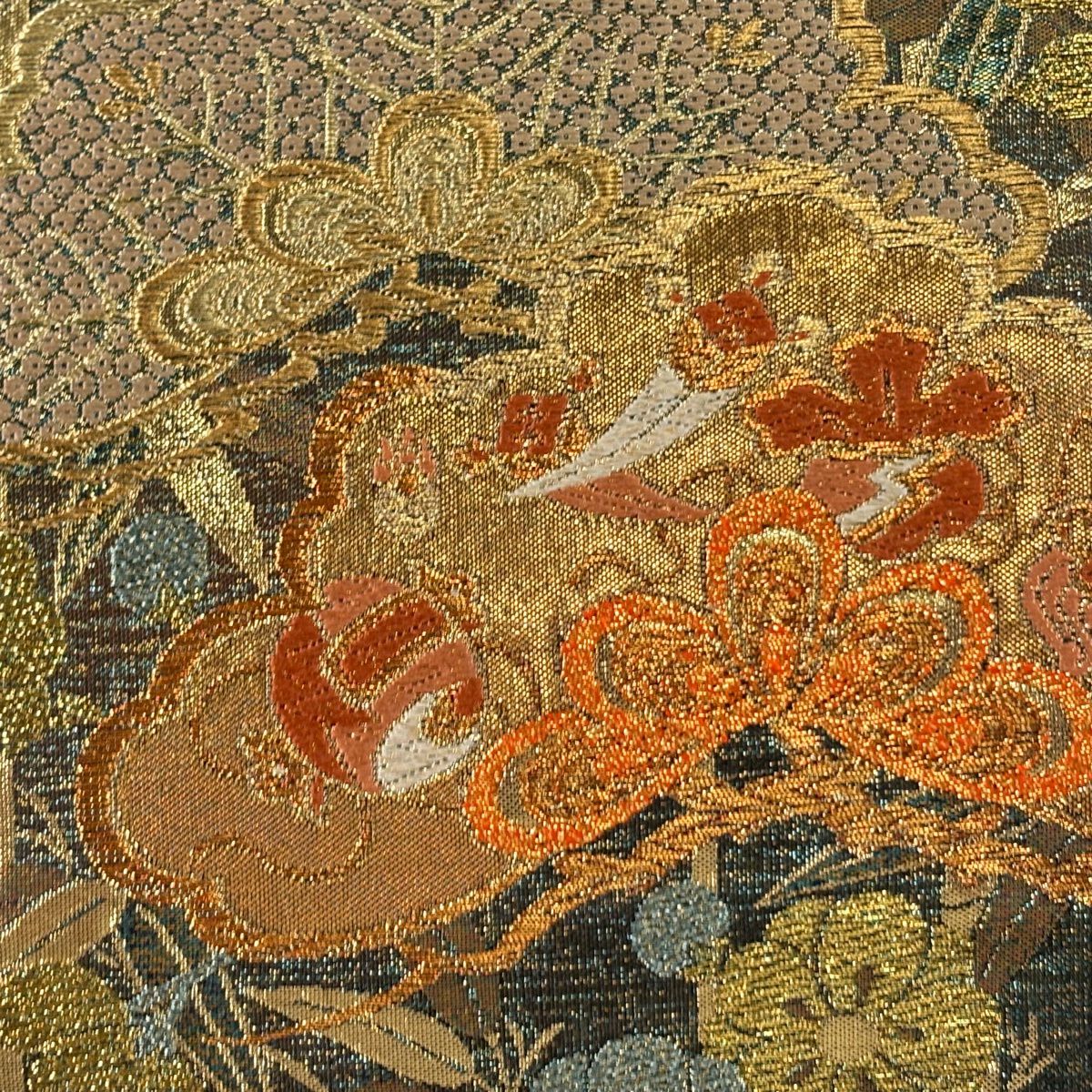 【美品】 袋帶 秀品級 振袖禮服禮服用 松樹竹子梅花 寶盡くし 金金箔 金絲 深綠 六通 純蠶絲