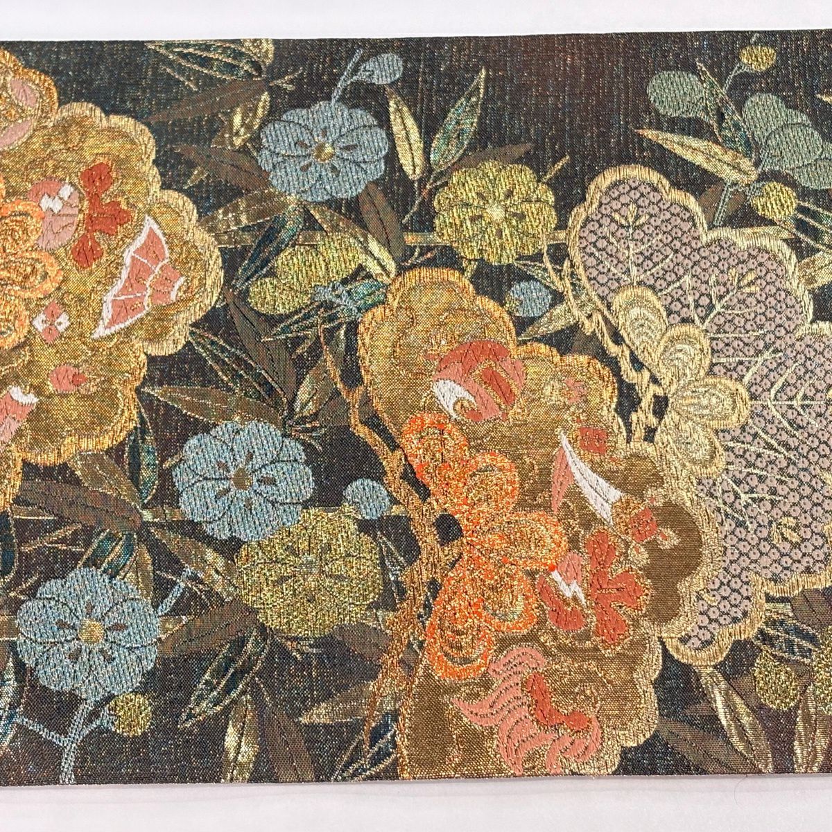 【美品】 袋帶 秀品級 振袖禮服禮服用 松樹竹子梅花 寶盡くし 金金箔 金絲 深綠 六通 純蠶絲