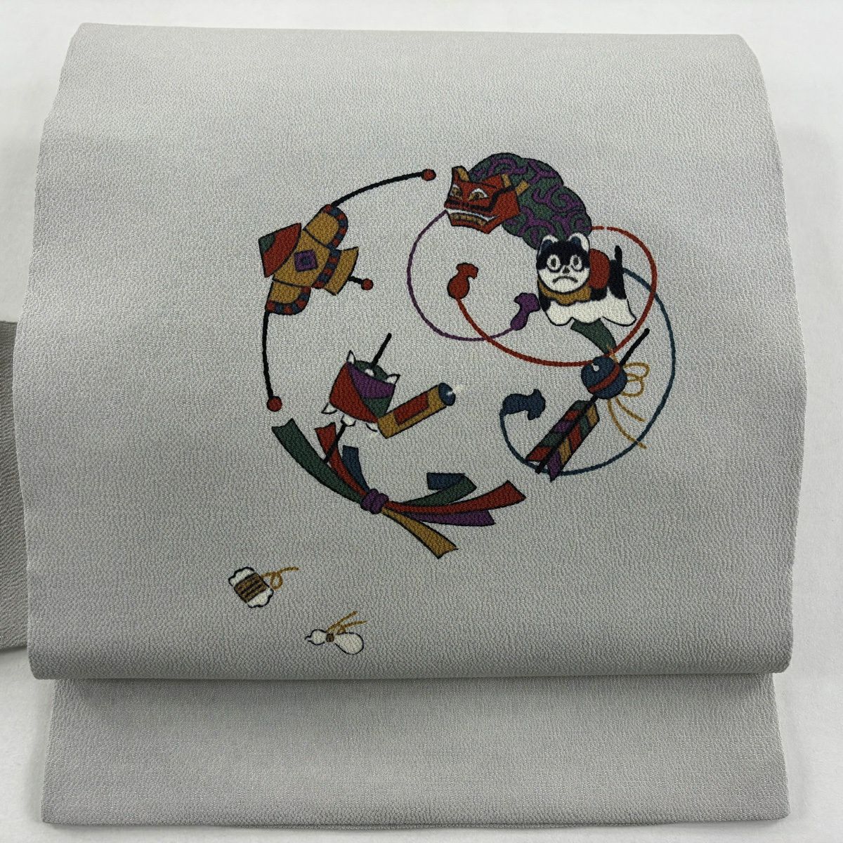 名古屋帶 秀品級 玩具 狛犬 縮緬 灰色 純蠶絲