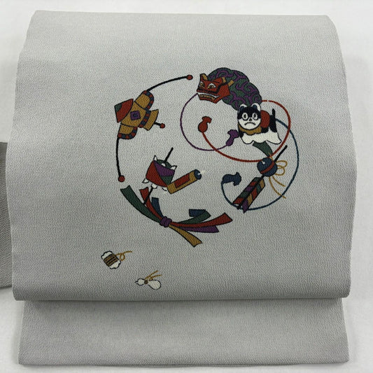 名古屋帶 秀品級 玩具 狛犬 縮緬 灰色 純蠶絲