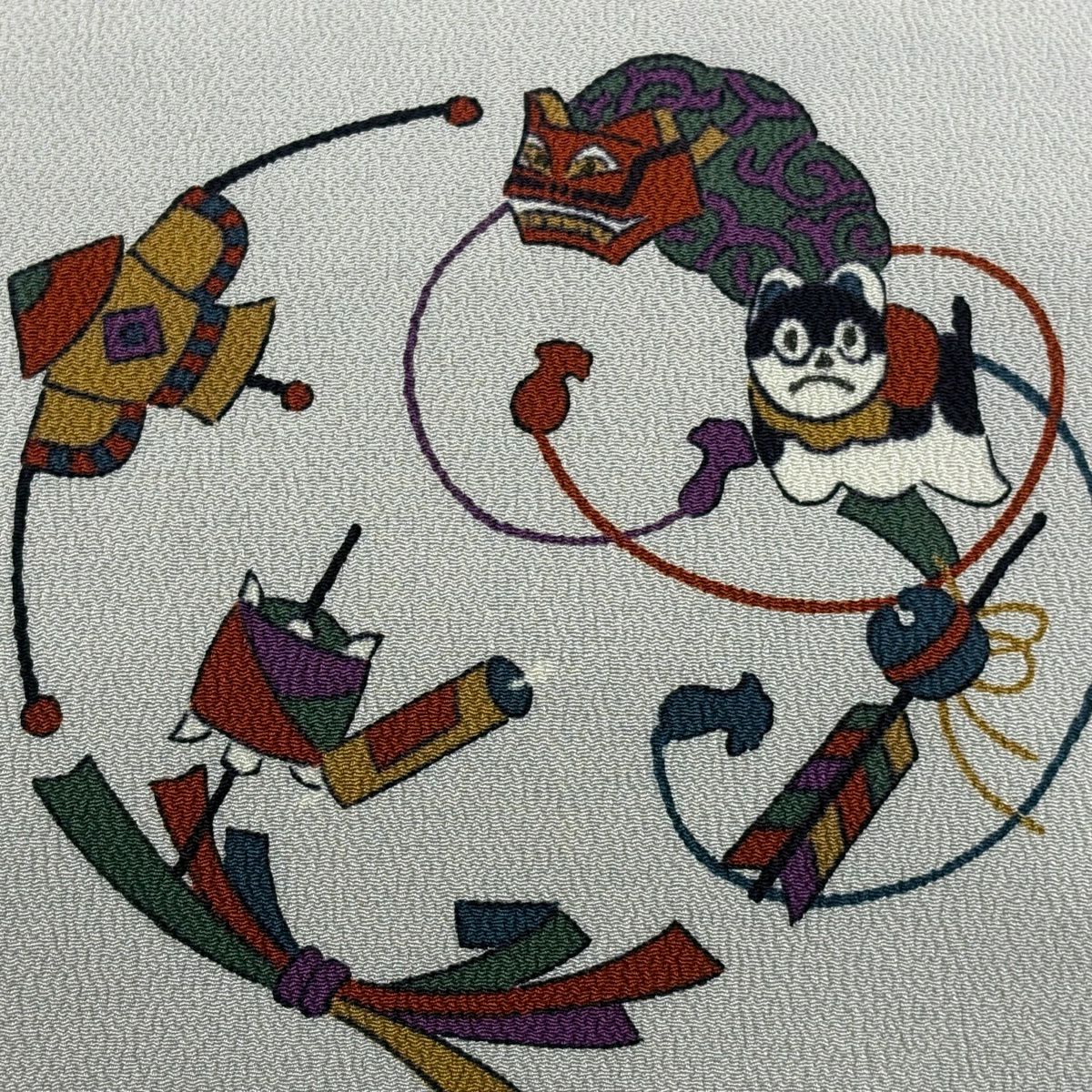 名古屋帶 秀品級 玩具 狛犬 縮緬 灰色 純蠶絲