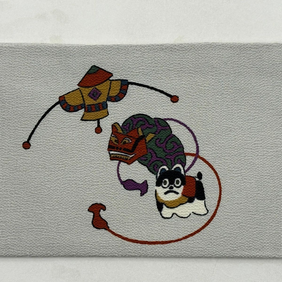 名古屋帶 秀品級 玩具 狛犬 縮緬 灰色 純蠶絲