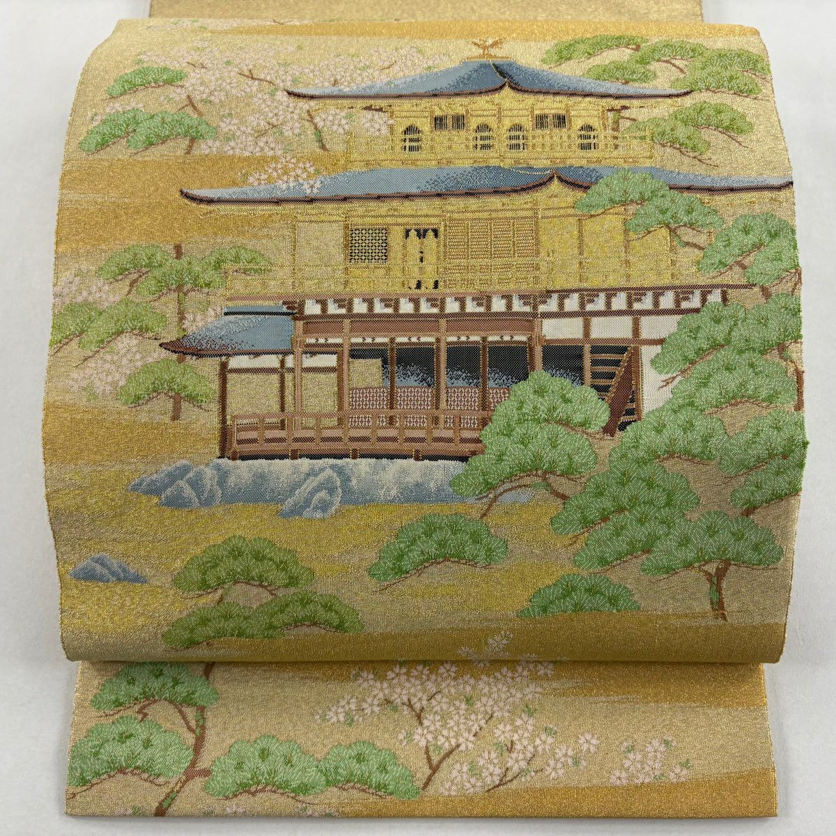 袋帶 秀品級 金閣寺 松樹 金絲 金色 大鼓圖案 純蠶絲