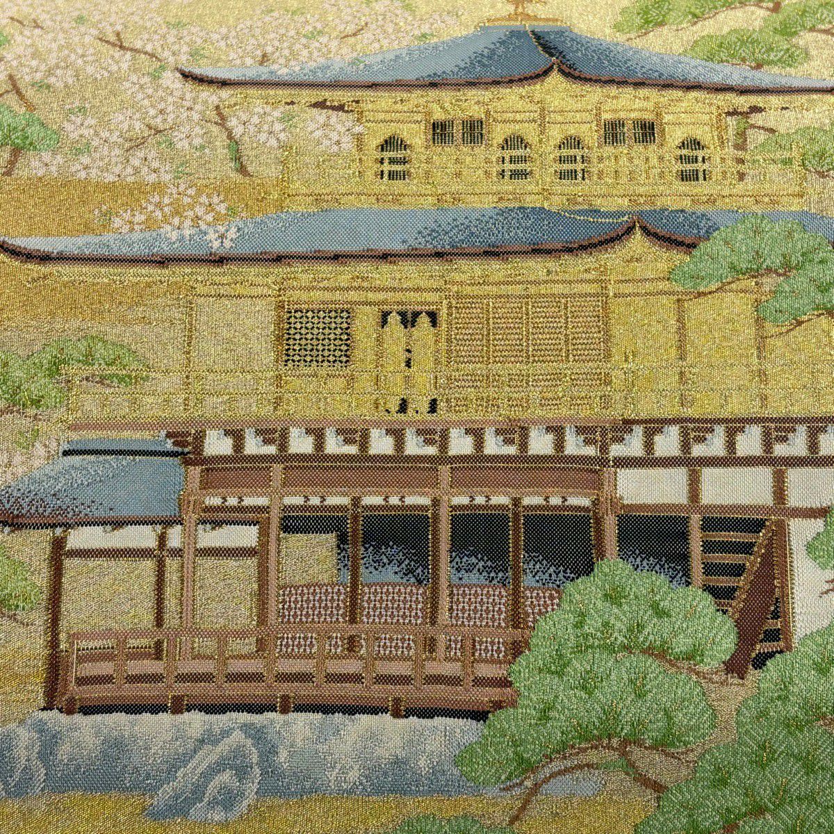 袋帶 秀品級 金閣寺 松樹 金絲 金色 大鼓圖案 純蠶絲
