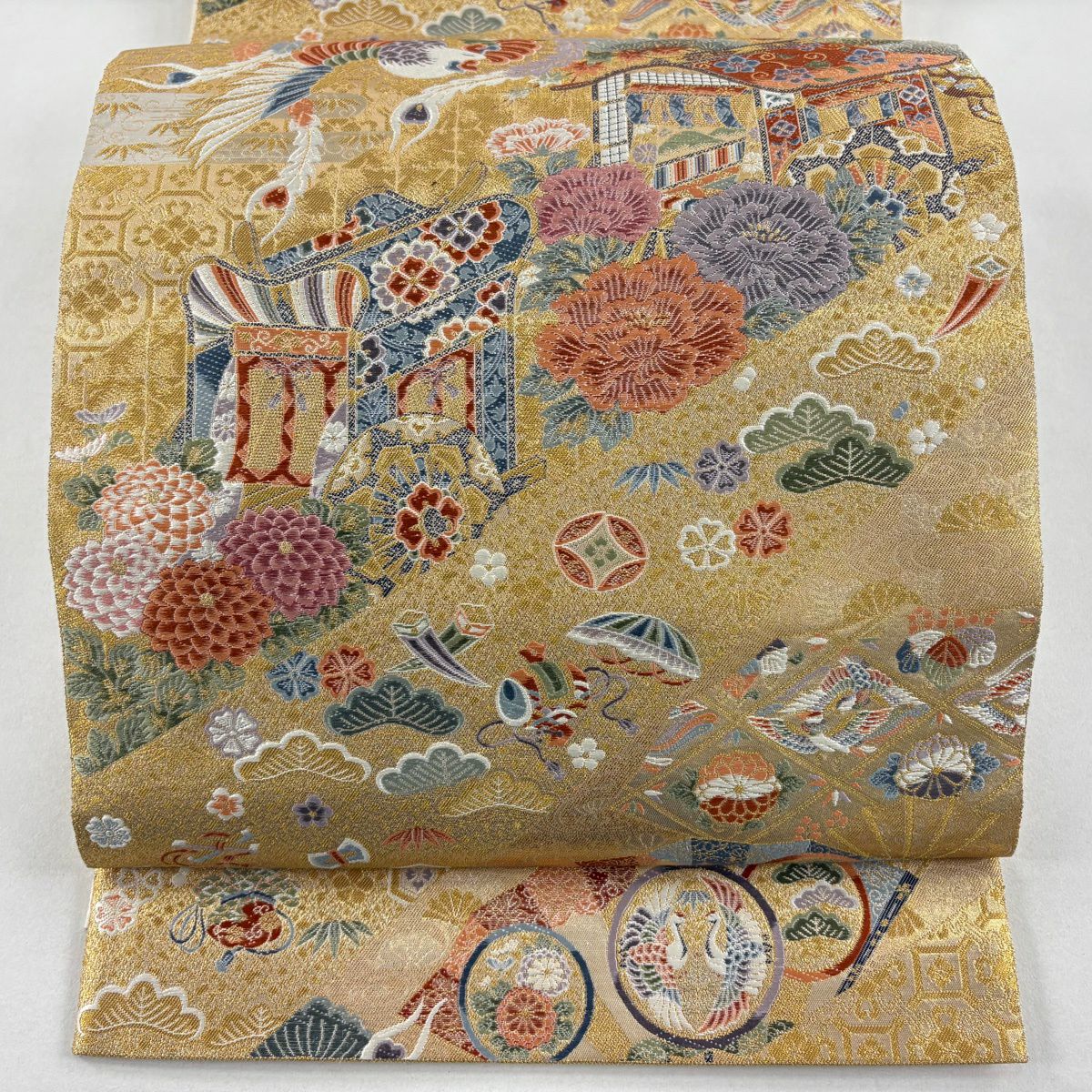 【美品】 袋帶 秀品級 關西仕立 花鳥 御所車 刺繡 金金箔 金色 六通 純蠶絲