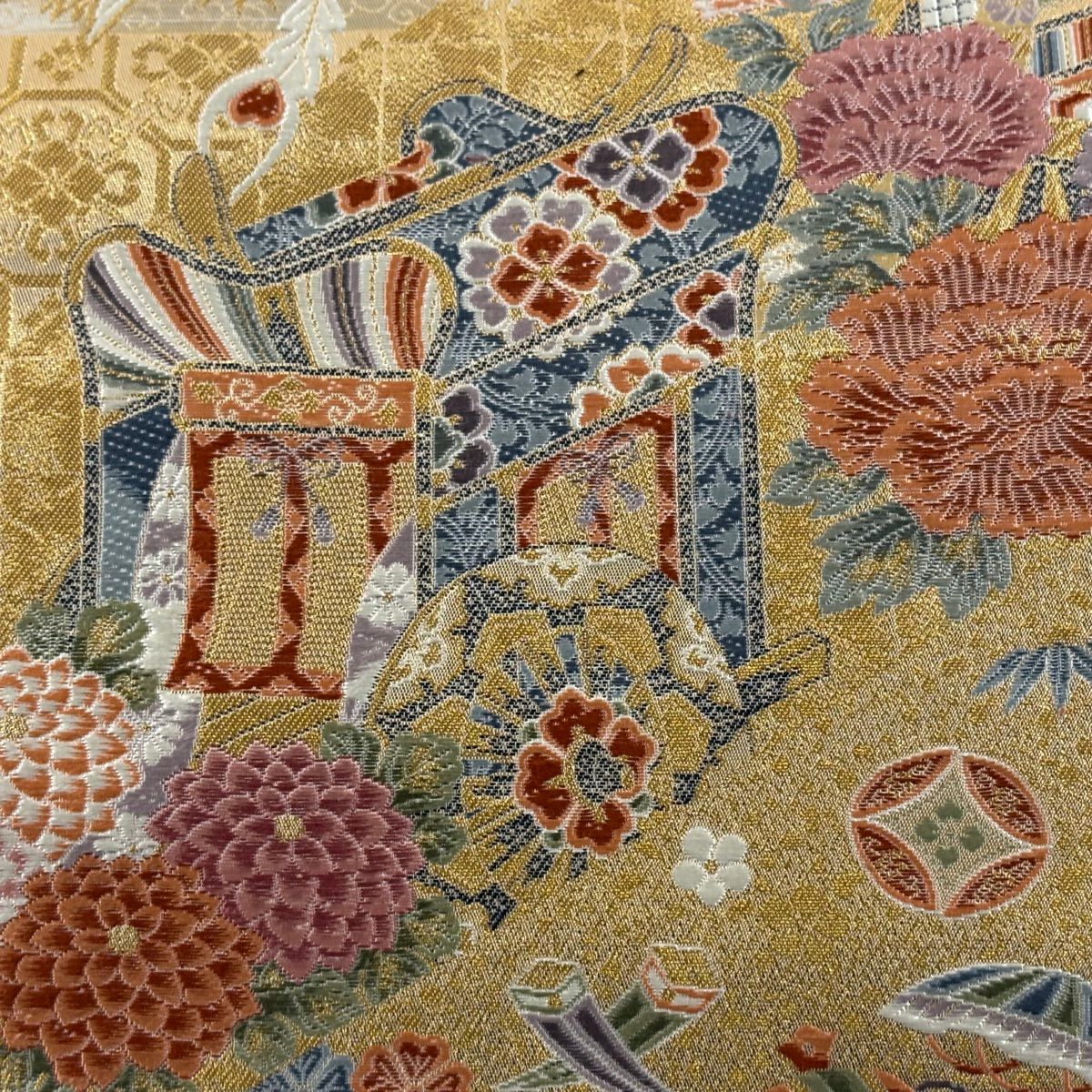 【美品】 袋帶 秀品級 關西仕立 花鳥 御所車 刺繡 金金箔 金色 六通 純蠶絲