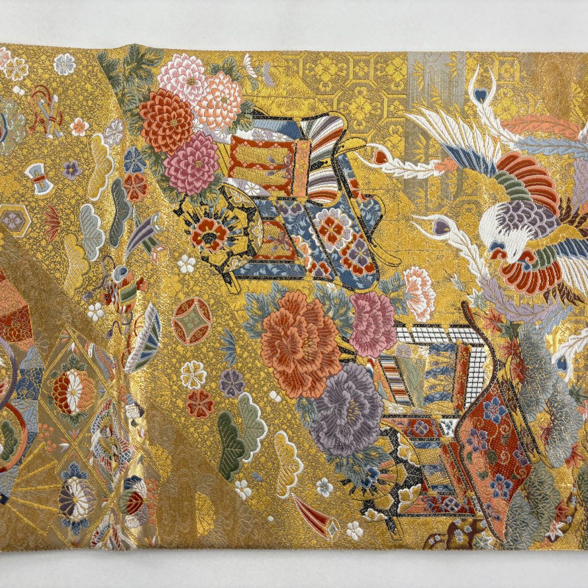 【美品】 袋帶 秀品級 關西仕立 花鳥 御所車 刺繡 金金箔 金色 六通 純蠶絲