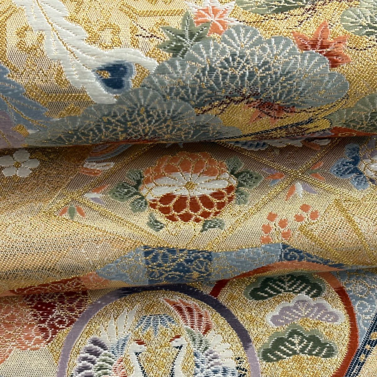 【美品】 袋帶 秀品級 關西仕立 花鳥 御所車 刺繡 金金箔 金色 六通 純蠶絲