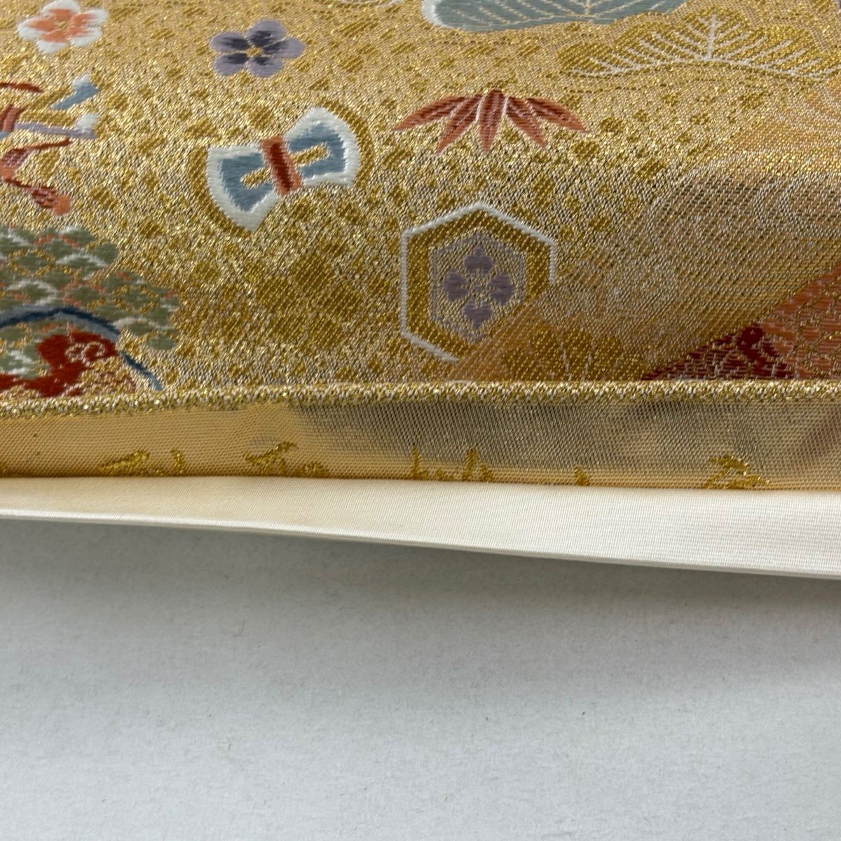 【美品】 袋帶 秀品級 關西仕立 花鳥 御所車 刺繡 金金箔 金色 六通 純蠶絲