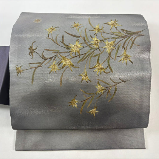 【美品】 名古屋帶 秀品級 花香織 草花紋紋 霞 金銀彩 紫 純蠶絲
