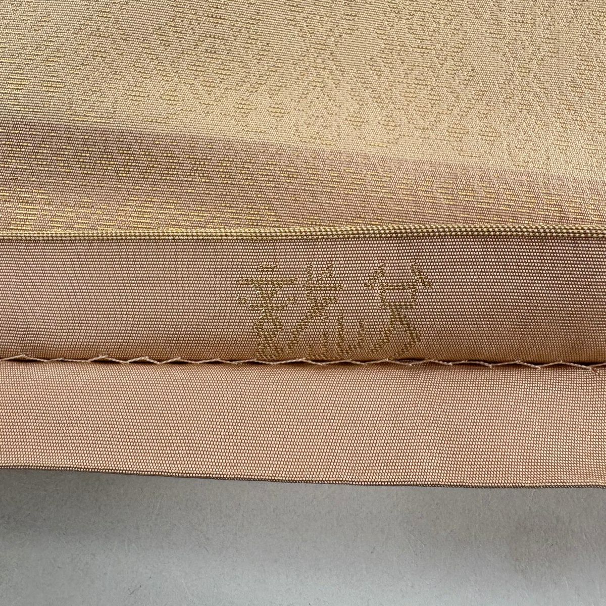 袋帶 秀品級 織悅 落款あり 本袋 橫段 幾何學圖案 金金箔 淺橙色 全通 純蠶絲