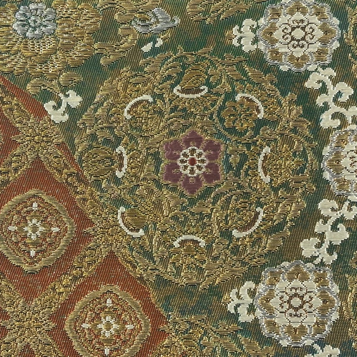 【美品】 袋帶 秀品級 八吉祥富貴花草拐子 華紋 金銀彩 金金箔 金色 六通 純蠶絲