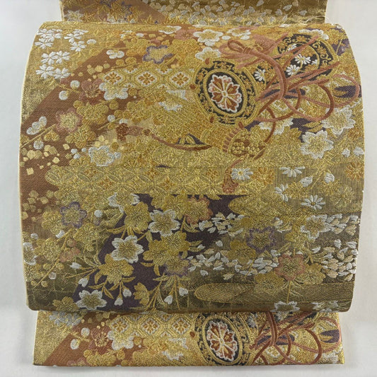 袋帶 秀品級 和樂器 櫻花 金色 六通 純蠶絲