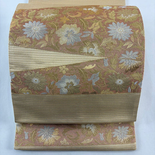 袋帶 秀品級 花唐草紋 菊花 金銀絲 金金箔 金色 大鼓圖案 純蠶絲