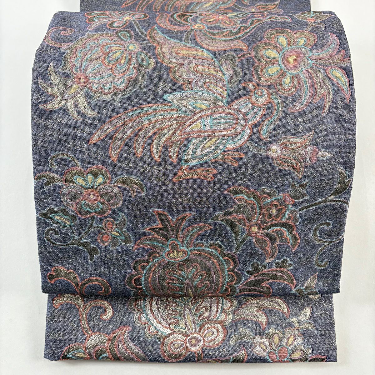 【美品】 袋帶 秀品級 花唐草紋 鳥 銀糸 金金箔 紫 六通 純蠶絲