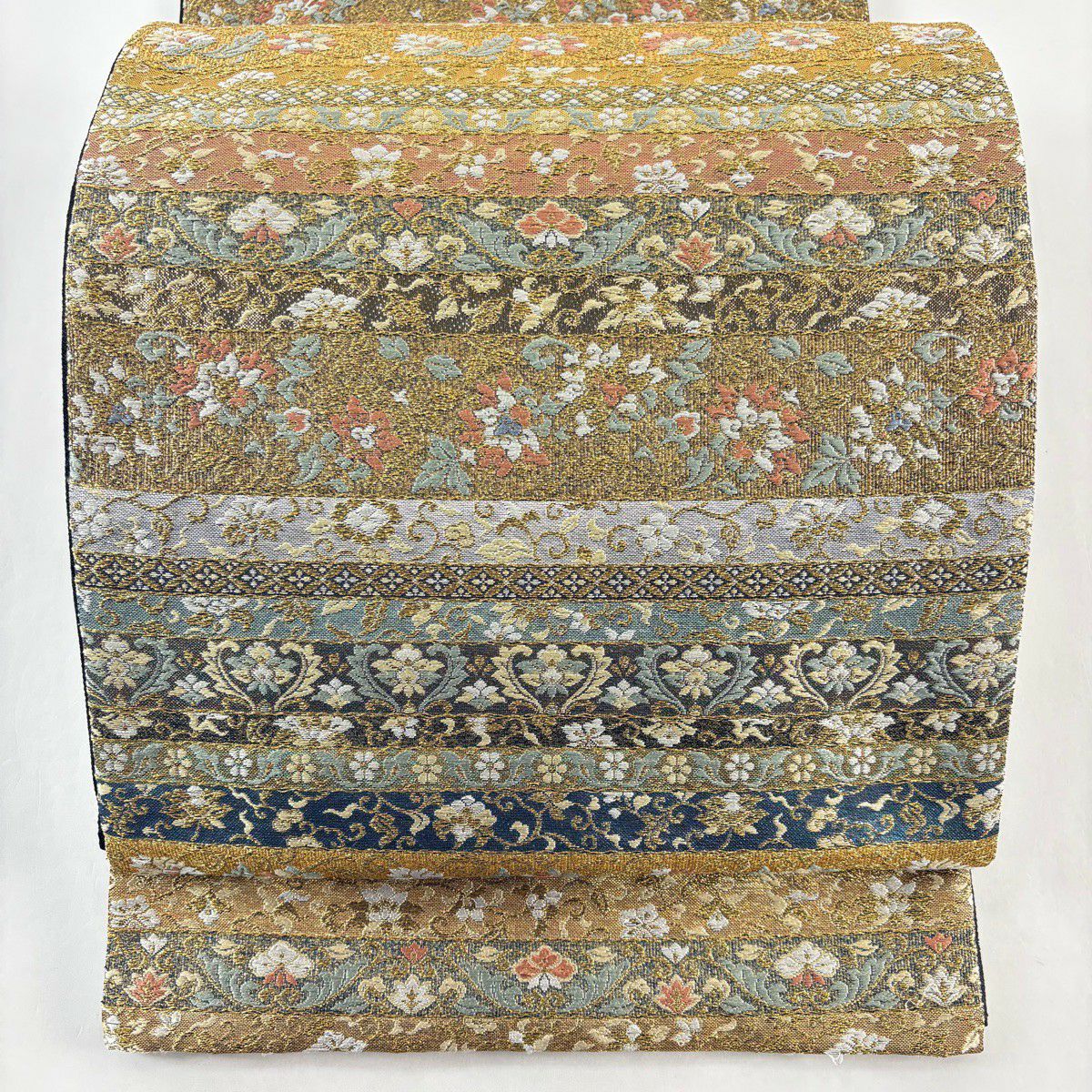 袋帶 秀品級 橫段 花唐草紋 金絲 金金箔 金色 六通 純蠶絲