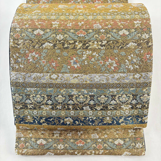 袋帶 秀品級 橫段 花唐草紋 金絲 金金箔 金色 六通 純蠶絲