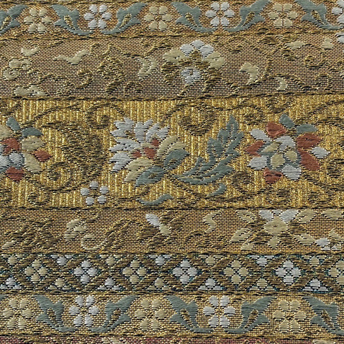袋帶 秀品級 橫段 花唐草紋 金絲 金金箔 金色 六通 純蠶絲