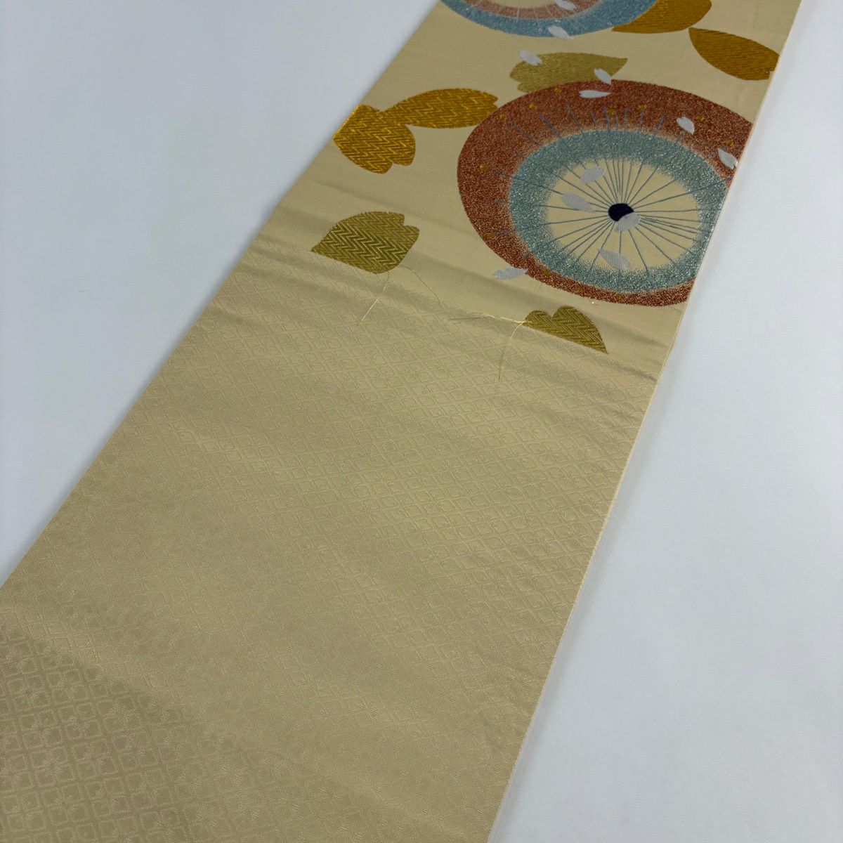 袋帶 秀品級 番傘櫻花瓣 金絲 唐織 米色 六通 純蠶絲
