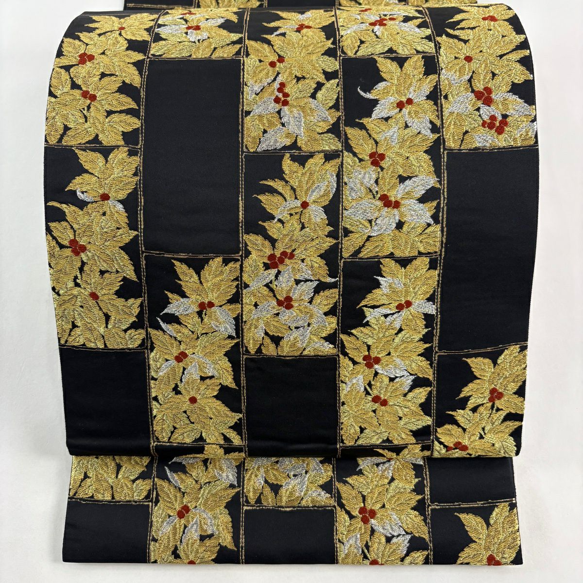 【美品】 袋帶 秀品級 吉祥千兩紋 葉與實 金銀線 唐織 黑 全通 純蠶絲