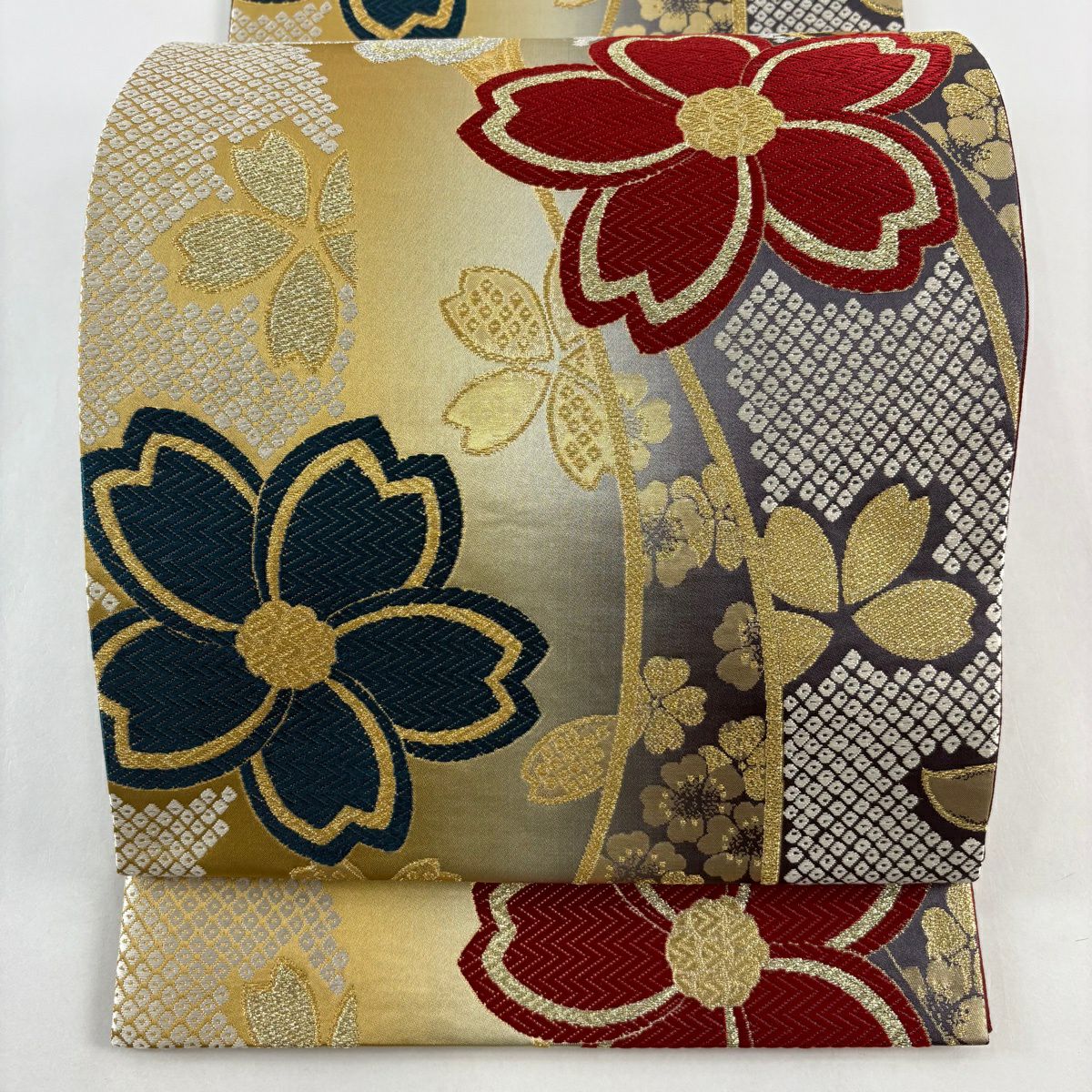 【美品】 袋帶 秀品級 樱花花瓣 金金箔 唐織 芥末色 六通 純蠶絲