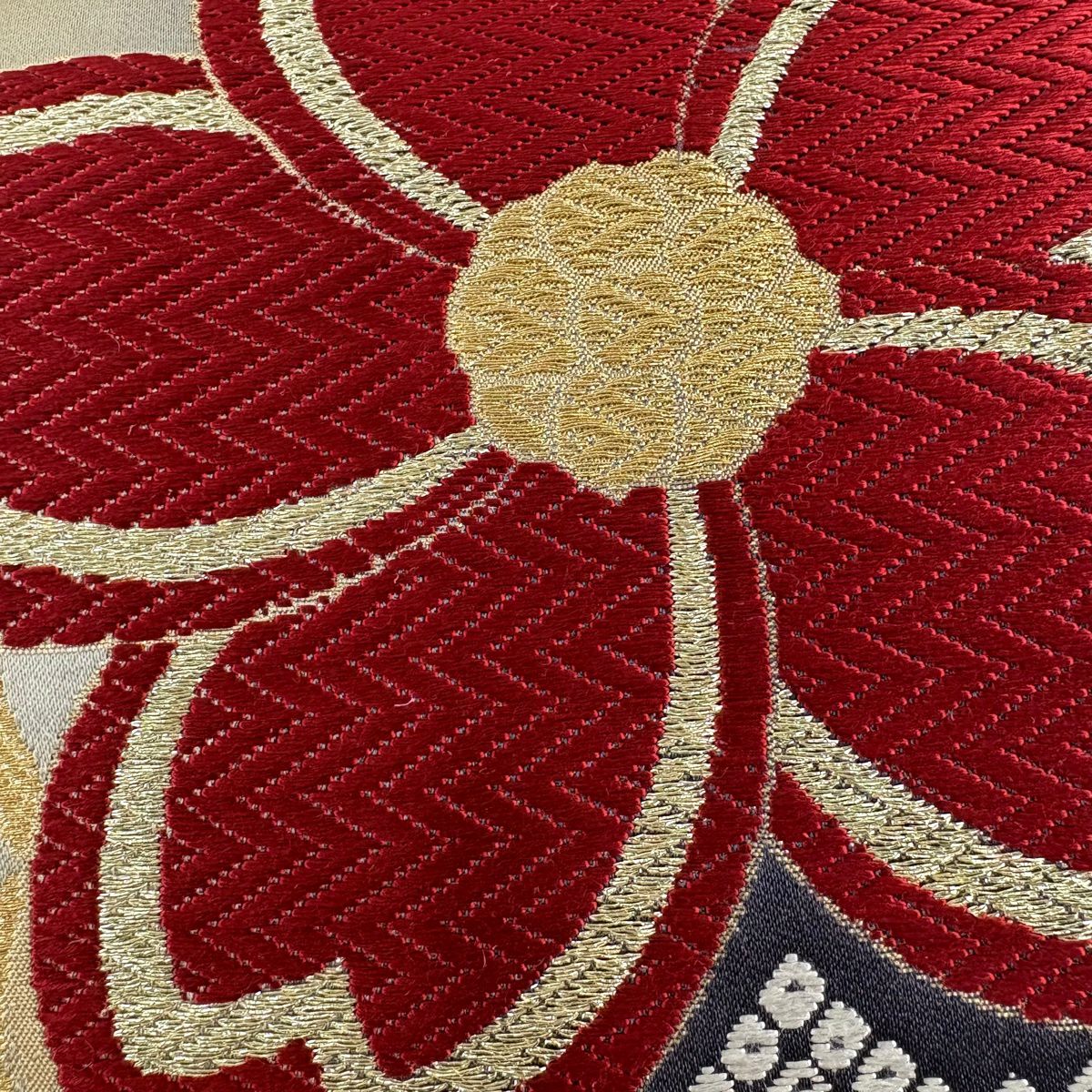 【美品】 袋帶 秀品級 樱花花瓣 金金箔 唐織 芥末色 六通 純蠶絲
