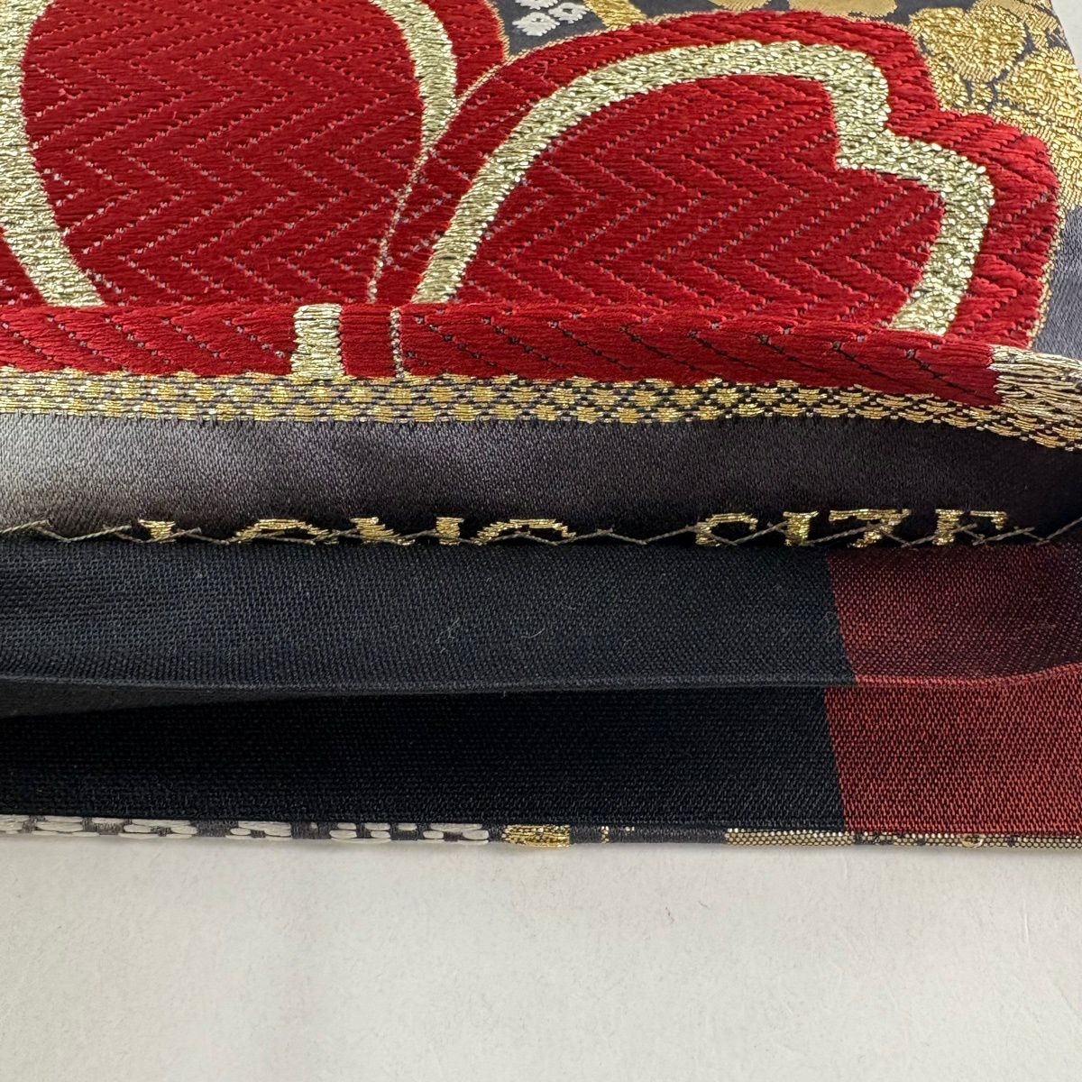 【美品】 袋帶 秀品級 樱花花瓣 金金箔 唐織 芥末色 六通 純蠶絲
