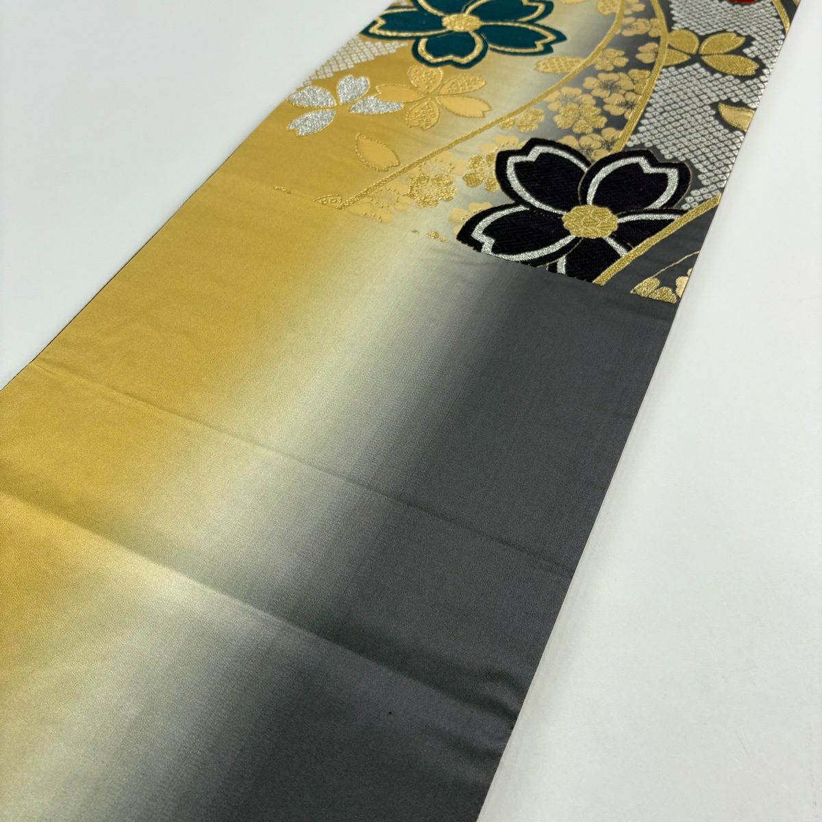 【美品】 袋帶 秀品級 樱花花瓣 金金箔 唐織 芥末色 六通 純蠶絲