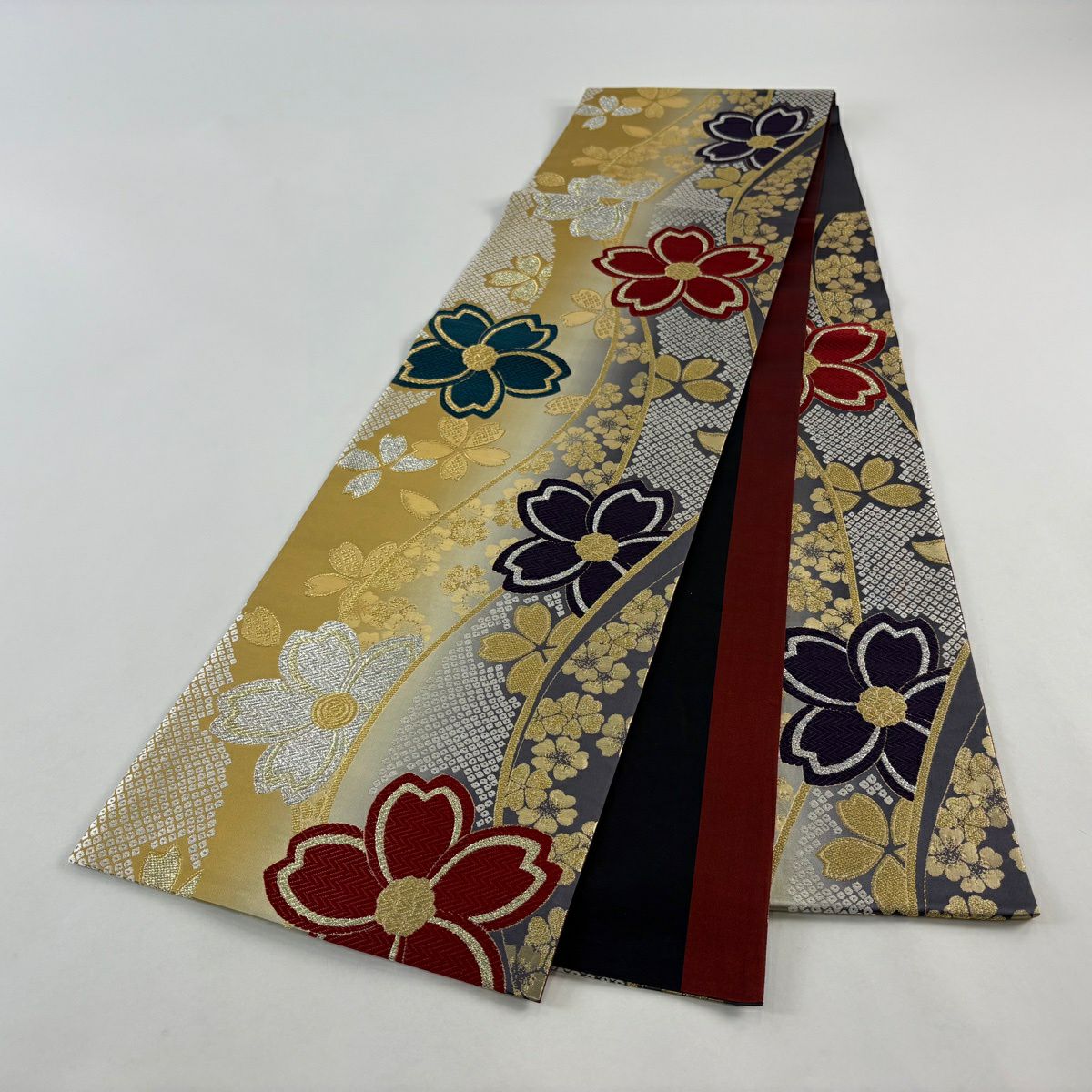 【美品】 袋帶 秀品級 樱花花瓣 金金箔 唐織 芥末色 六通 純蠶絲