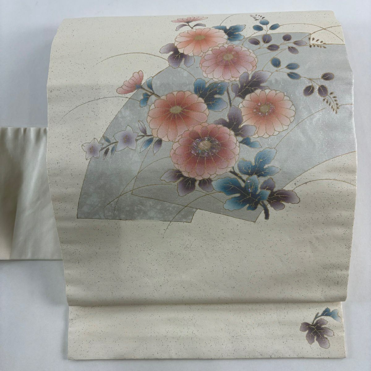 名古屋帶 秀品級 菊花花 扇子面 金銀彩 金金箔 奶油色 純蠶絲