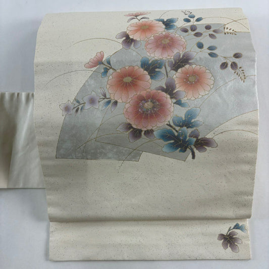 名古屋帶 秀品級 菊花花 扇子面 金銀彩 金金箔 奶油色 純蠶絲