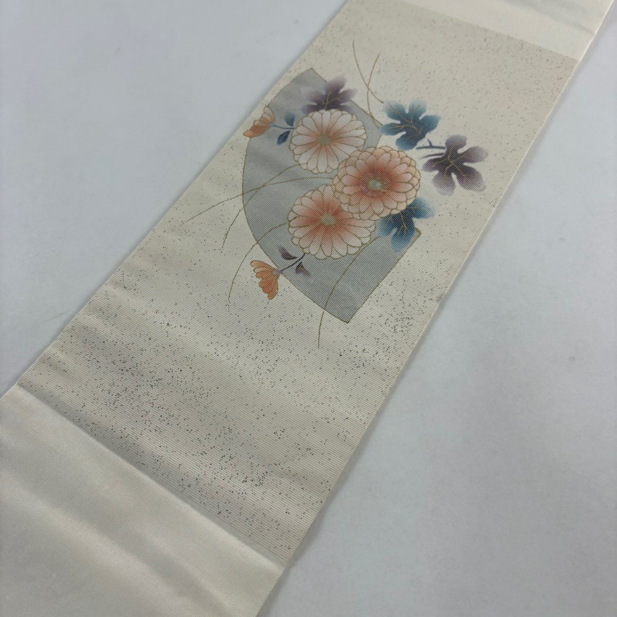 名古屋帶 秀品級 菊花花 扇子面 金銀彩 金金箔 奶油色 純蠶絲