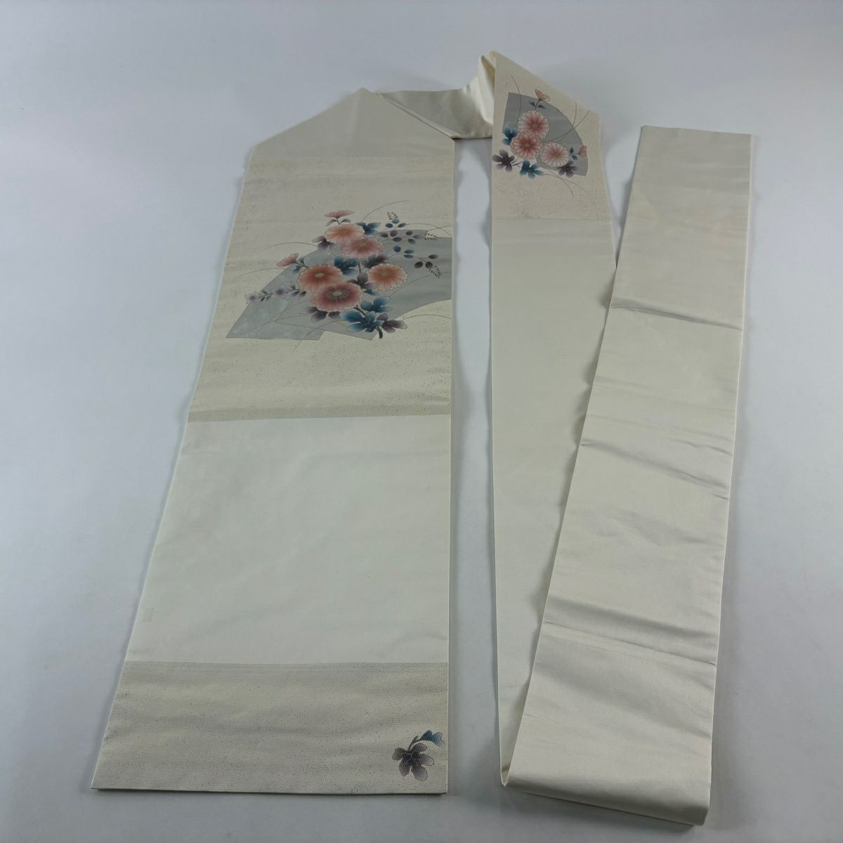 名古屋帶 秀品級 菊花花 扇子面 金銀彩 金金箔 奶油色 純蠶絲