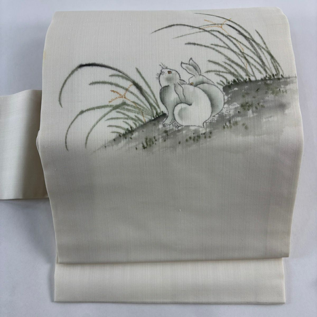 名古屋帶 秀品級 紬織織 兔子 蘆葦 奶油色 純蠶絲