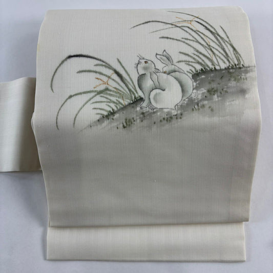 名古屋帶 秀品級 紬織織 兔子 蘆葦 奶油色 純蠶絲